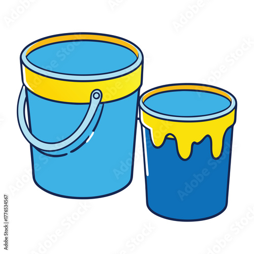  Blue Buckets Filled with Blue and Yellow Paint