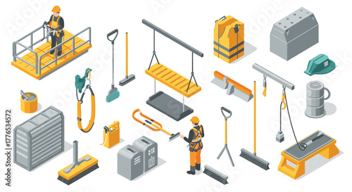 Construction equipment and workers in isometric style