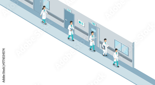 Isometric hospital corridor with medical professionals walking and discussing