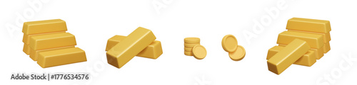 Set of gold bars and coins from different angles realistic 3D vector render. Bank treasure assets: gold bullion bricks and stack of coins isolated on white. Safe and stable low risk investment concept