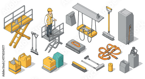 Construction equipment and safety gear in isometric design