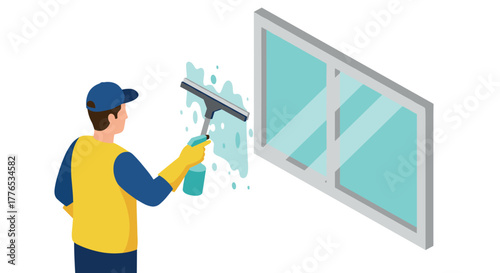 Isometric window cleaning worker using squeegee and spray bottle on glass