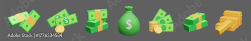 3D money icon set. Different currency bills, dollar banknotes, stack of coins, money bag and gold bars isolated on dark background. Financial investment, banking system, treasures design elements.