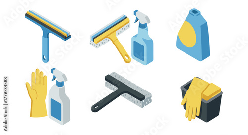 Isometric cleaning tools collection squeegee, spray bottle, gloves, and detergent icons
