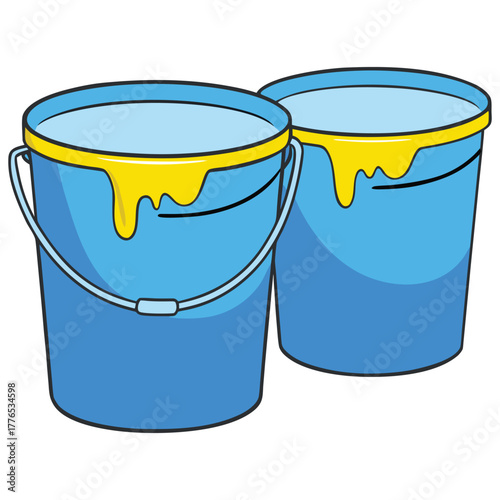  Blue Buckets Filled with Blue and Yellow Paint