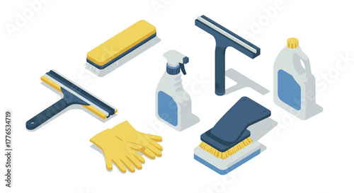 Cleaning equipment set in isometric style with squeegee, brushes, and gloves