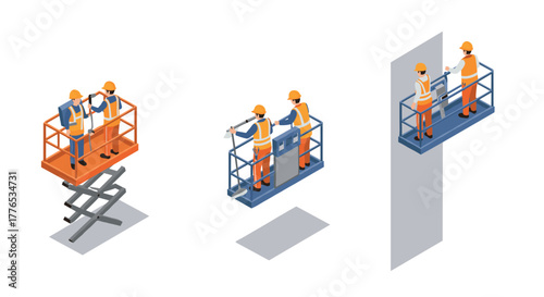 Isometric construction workers operating safety platforms for building maintenance