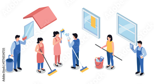 Isometric home window cleaning services with tools and professional team in action