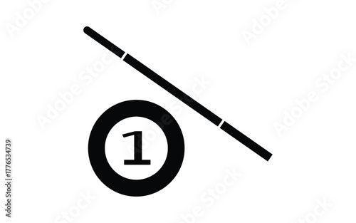Simple black illustration of a pool cue stick and a billiard ball with the number one isolated on white background