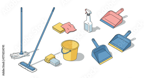 Colorful cleaning tools in modern isometric design on white background