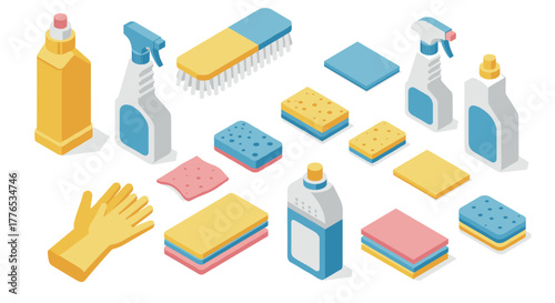 Colorful isometric cleaning supplies with bottles, sponges, and brushes