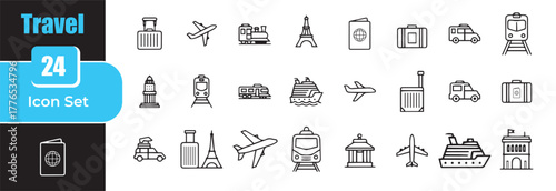 Collection of travel and tourism icons in a clean outline style for your next project