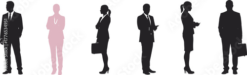 Business team silhouettes, corporate professionals, gender diversity, formal attire, leadership concept, teamwork illustration, business people, office staff, career growth, equality