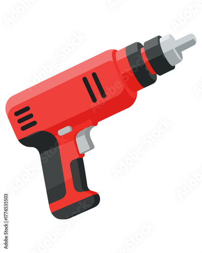 Red power drill with black accents and grey chuck, isolated on a white background, illustration