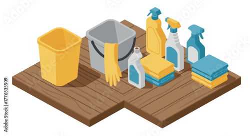 Isometric cleaning supplies on wooden floor buckets, sprays, gloves, and cloths