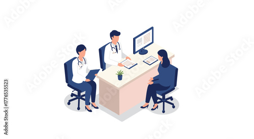 Isometric medical consultation in office with two doctors and patient