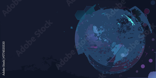 Abstract digital art of a fragmented blue planet with geometric shapes and glowing lights against a dark background