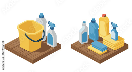 Cleaning supplies isometric set with bucket, bottles, and sponges on wooden platforms