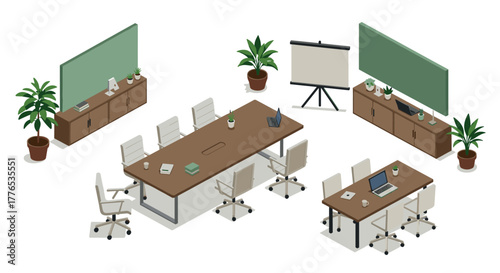 Modern office furniture in isometric layout with conference tables and plants