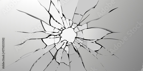 Abstract radial pattern of shattered glass with a central hole and radiating cracks on a light gray background