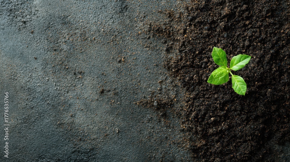 Fototapeta premium Young green plant sprout emerging from dark soil on a textured background. Concept of growth, nature, new life for Earth Day or environmental themes.