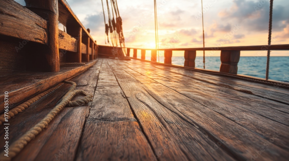 Naklejka premium Wooden deck of a sailing boat at sunset over the ocean. Concept of sea travel, vacation, and adventure. Tropical holiday cruise background.