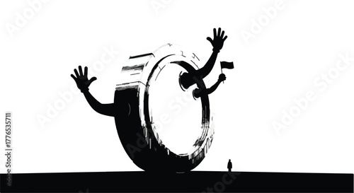 Surreal abstract scene of a giant rolling gear with arms chasing a tiny person