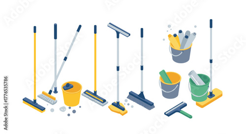Isometric cleaning tools collection brooms, buckets, squeegees in modern design