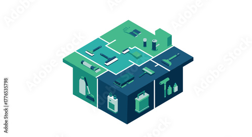 Isometric house plan with cleaning supplies modern design and household essentials