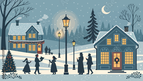 Charming winter village silhouette carolers gather under glowing lamps and snowy homes during holidays