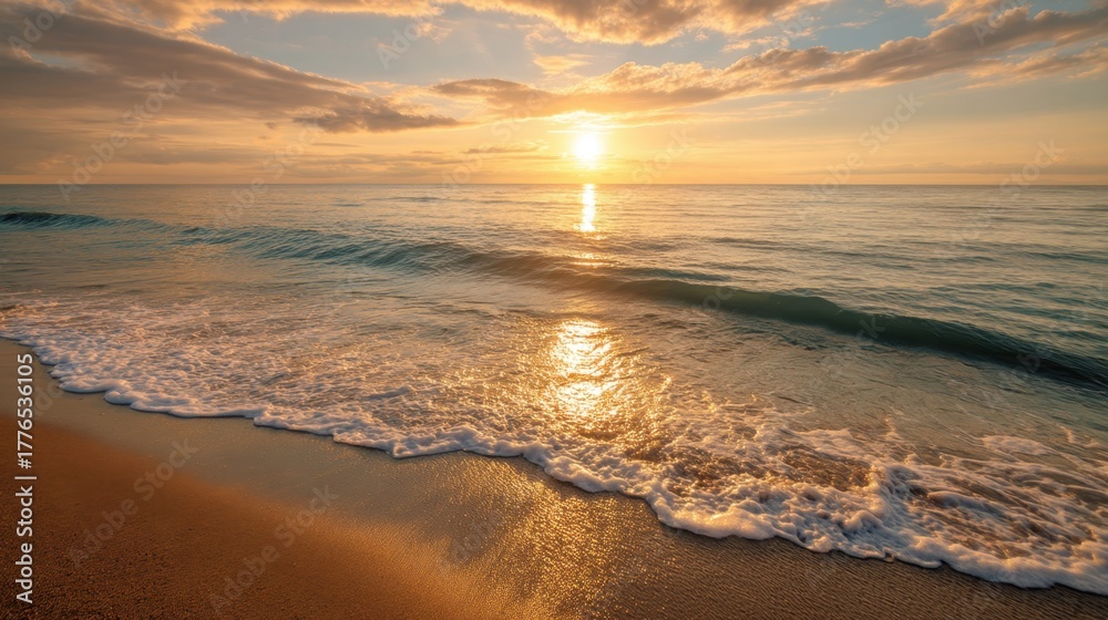 Obraz premium Bright sunset over calm ocean waves reaching sandy beach. Golden sun path on water. Nature background with tranquil seascape for relaxation.