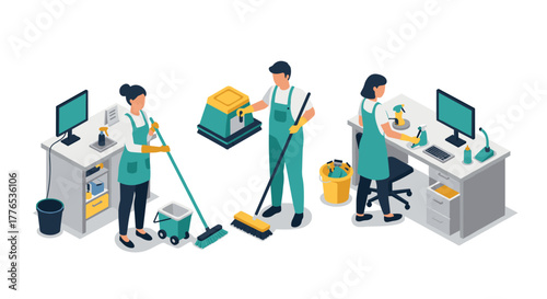 Office cleaning team with tools and equipment in isometric style