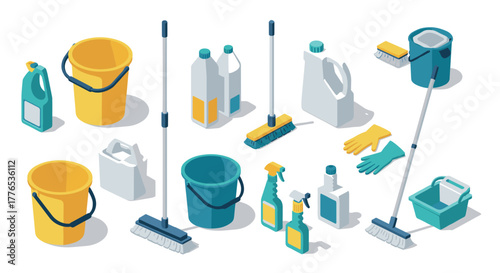 Isometric cleaning supplies with buckets, bottles, and brushes on white background
