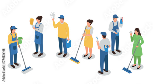 Diverse cleaning team in isometric style engaged in various maintenance tasks