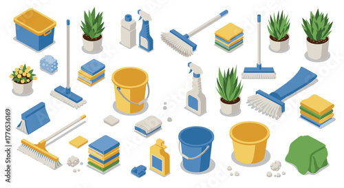 Isometric cleaning supplies set with buckets, mops, and detergents