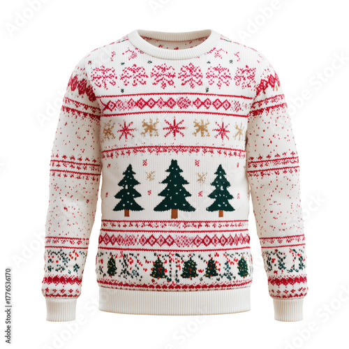Ugly Christmas Sweater Featuring Festive Patterns and Christmas Trees for Hol...