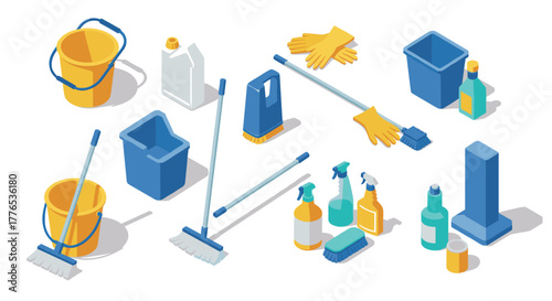 Isometric cleaning supplies brooms, buckets, gloves, and sprays in modern style