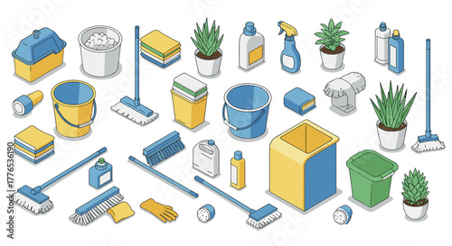 Isometric cleaning supplies and tools collection