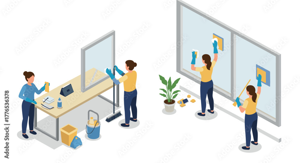 Obraz premium Women cleaning office and windows in isometric style