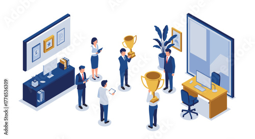 Isometric office celebration with trophies and team achievement