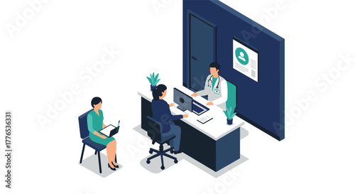 Isometric office meeting with doctor and patients in modern healthcare setting