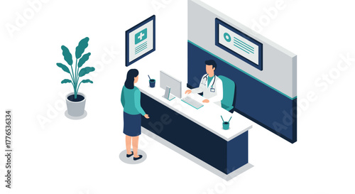 Medical consultation in modern clinic isometric design