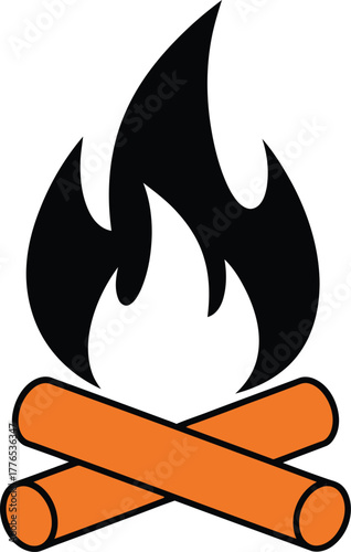 Stylized campfire icon with black flame and crossed orange logs on a white background, minimal design
