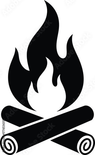 Black campfire icon with burning flames and crossed logs, simple flat vector graphic design
