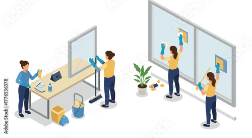 Women cleaning office and windows in isometric style