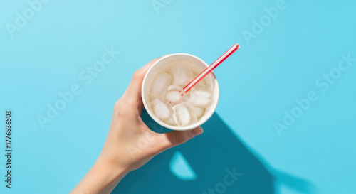 Refreshing Hand Holding Paper Cup with Iced Drink and Red Straw Over Light Blue Background