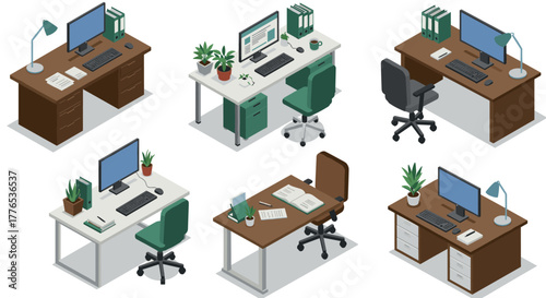 Modern isometric office desks with computers and chairs for workplace design