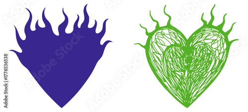 Blue and green flame hearts abstract