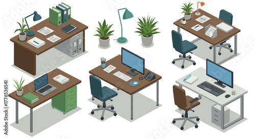 Modern office desk layouts with plants and computers in isometric style