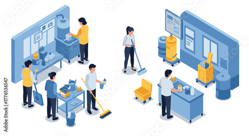 Isometric office cleaning scene with workers performing various tasks in a modern workplace setting